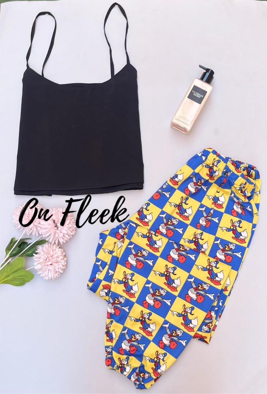 Black cut top with donald duck pants