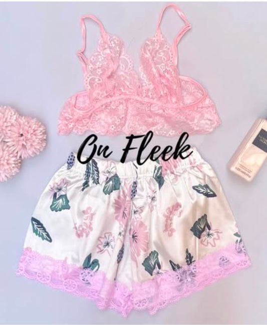 Pink floral duntelle short set