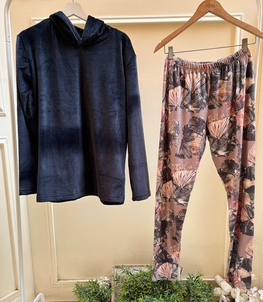 Black hoodie velvet with cafe floral velvet pants