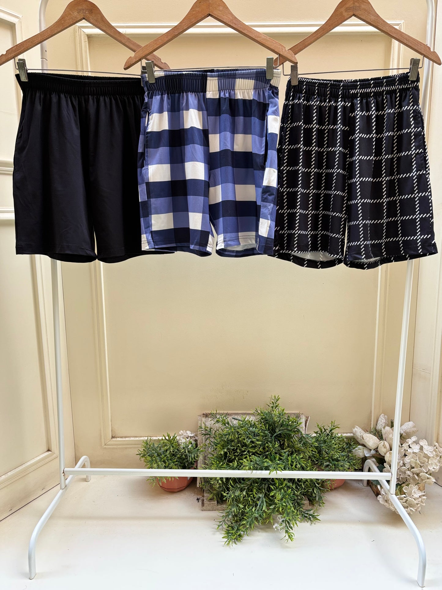 Black short with blue careaux and black squares shorts set