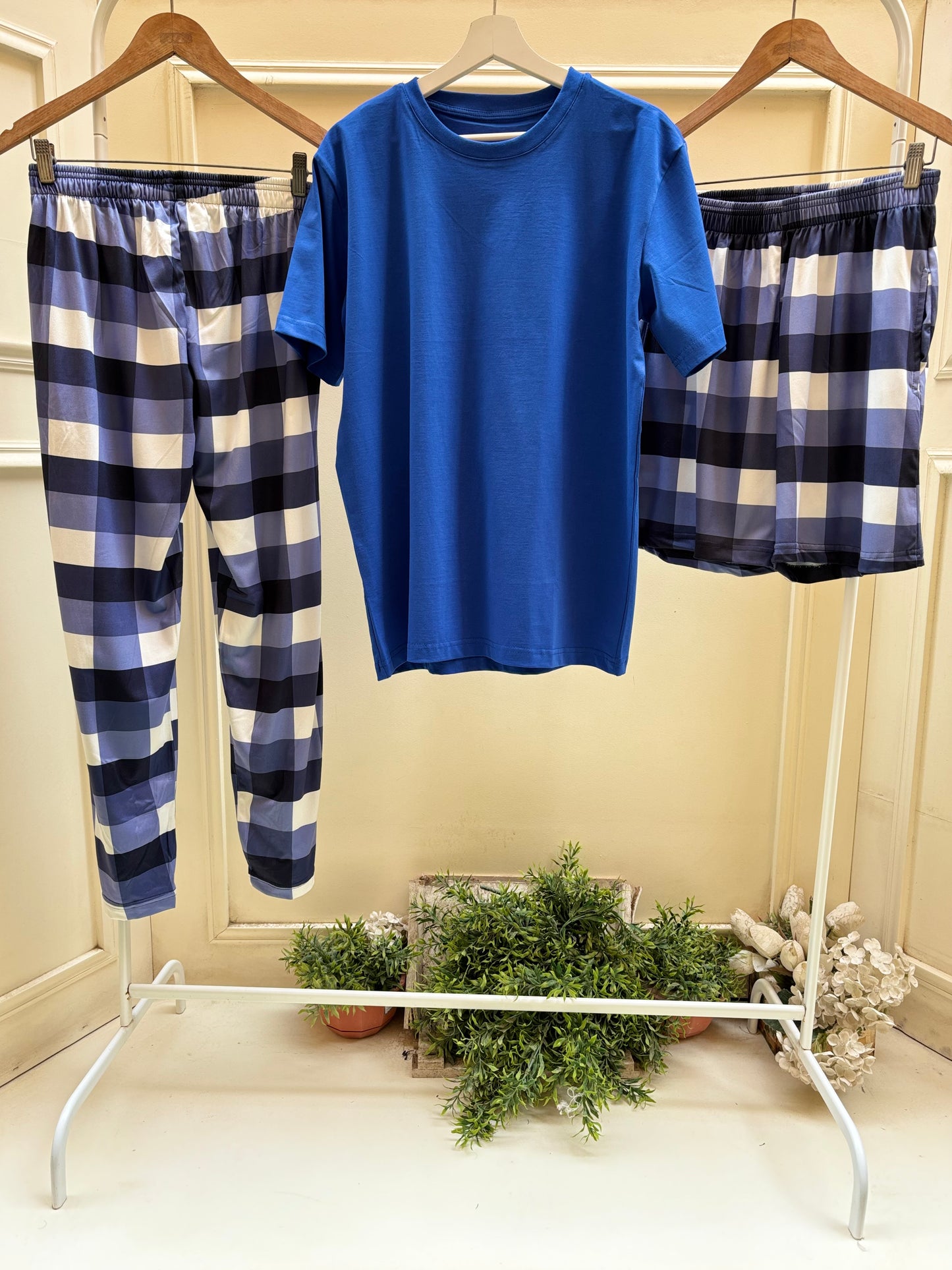 Blue Tshirt with blue careaux pants and short set