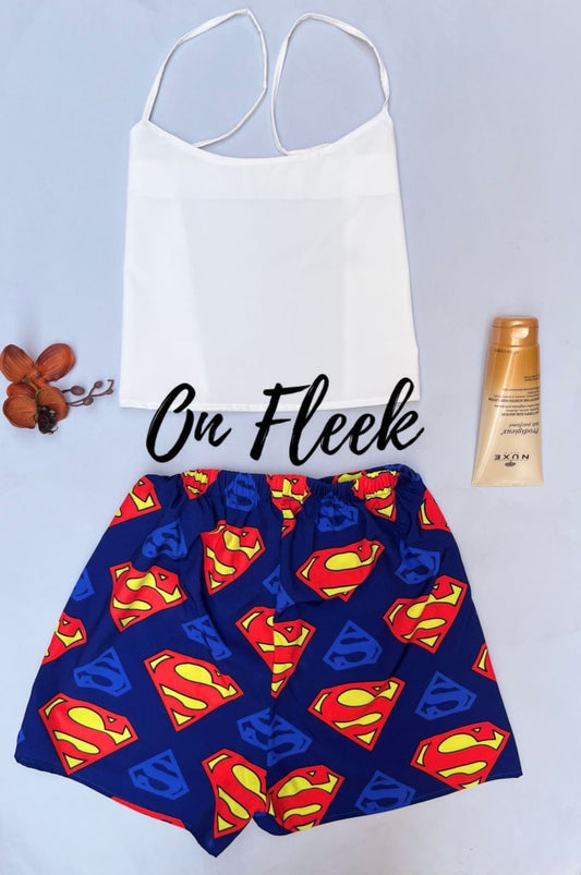 White cut top with superman short