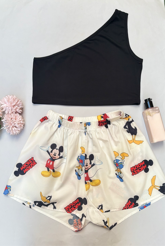 Red mickey short with black one shoulder top