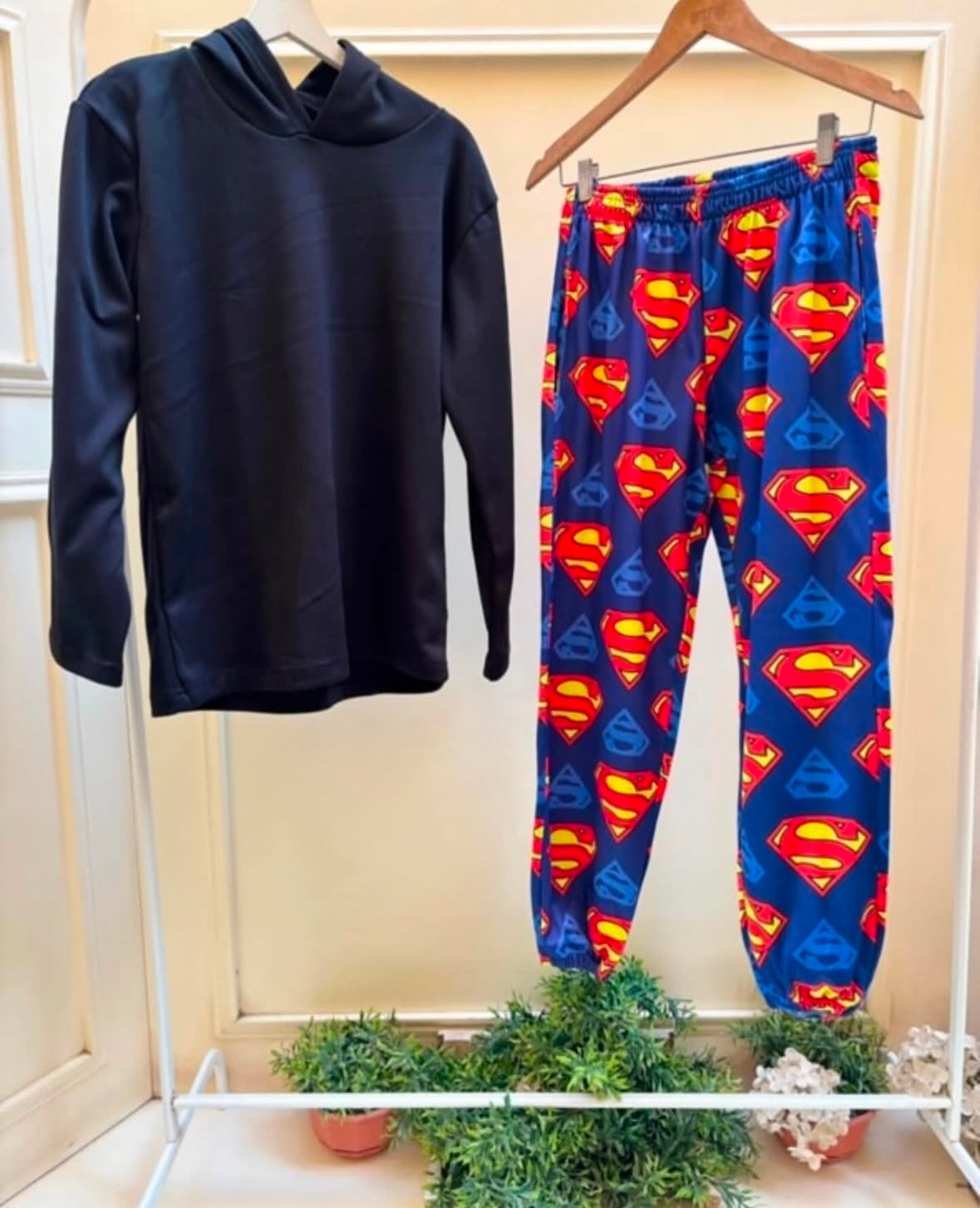 Superman pants with black hoodie melton