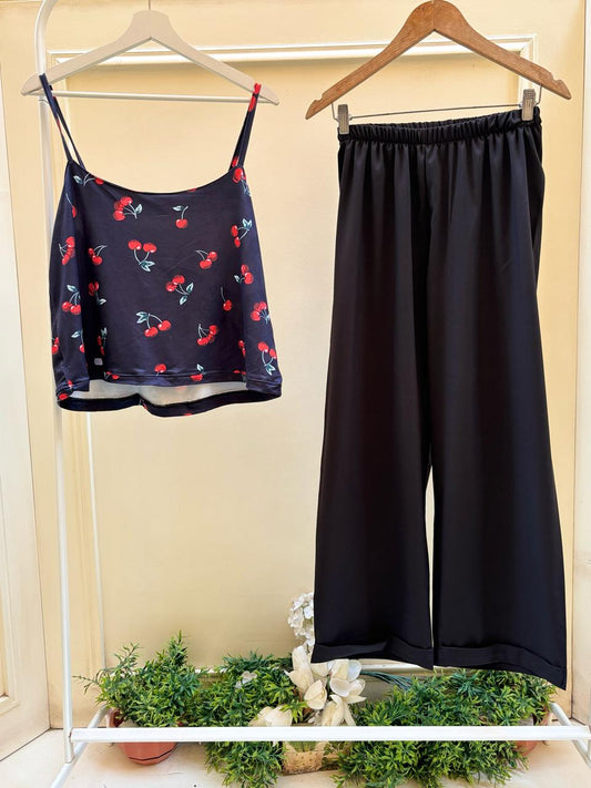 Cherries cut top with black soft pants