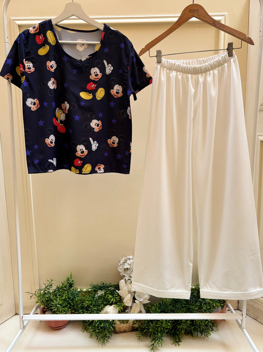 Navy mickey half sleeves top with white soft pants