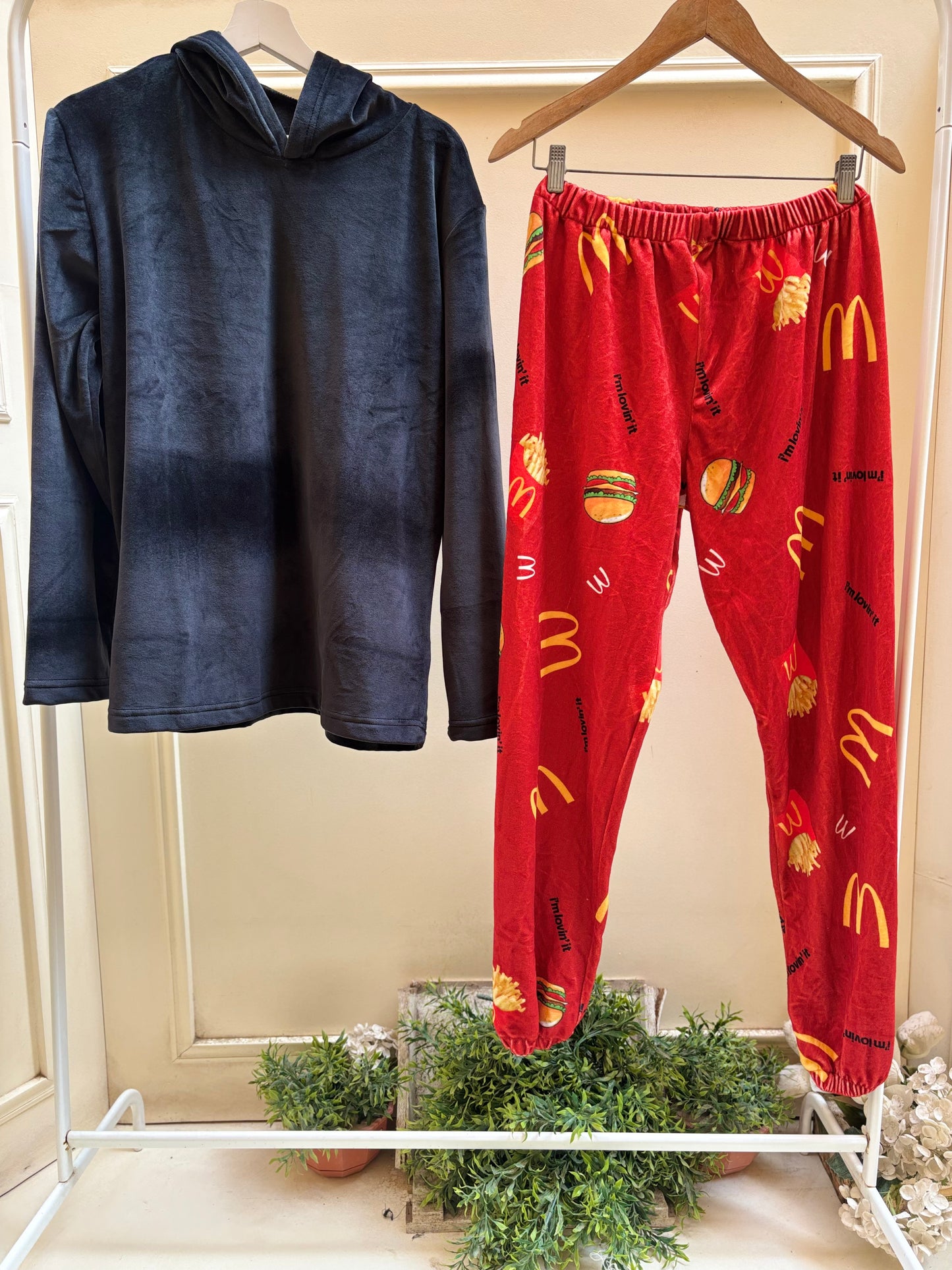 Black velvet hoodie with red mac velvet pants