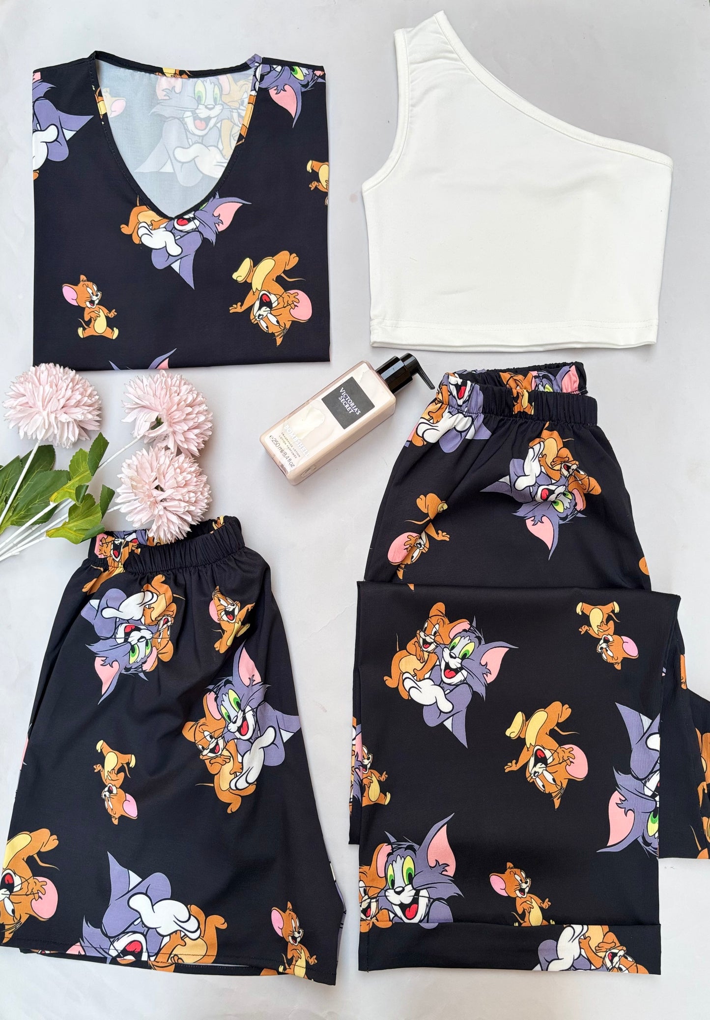 Black tom and jerry 3 pieces set with White one shoulder